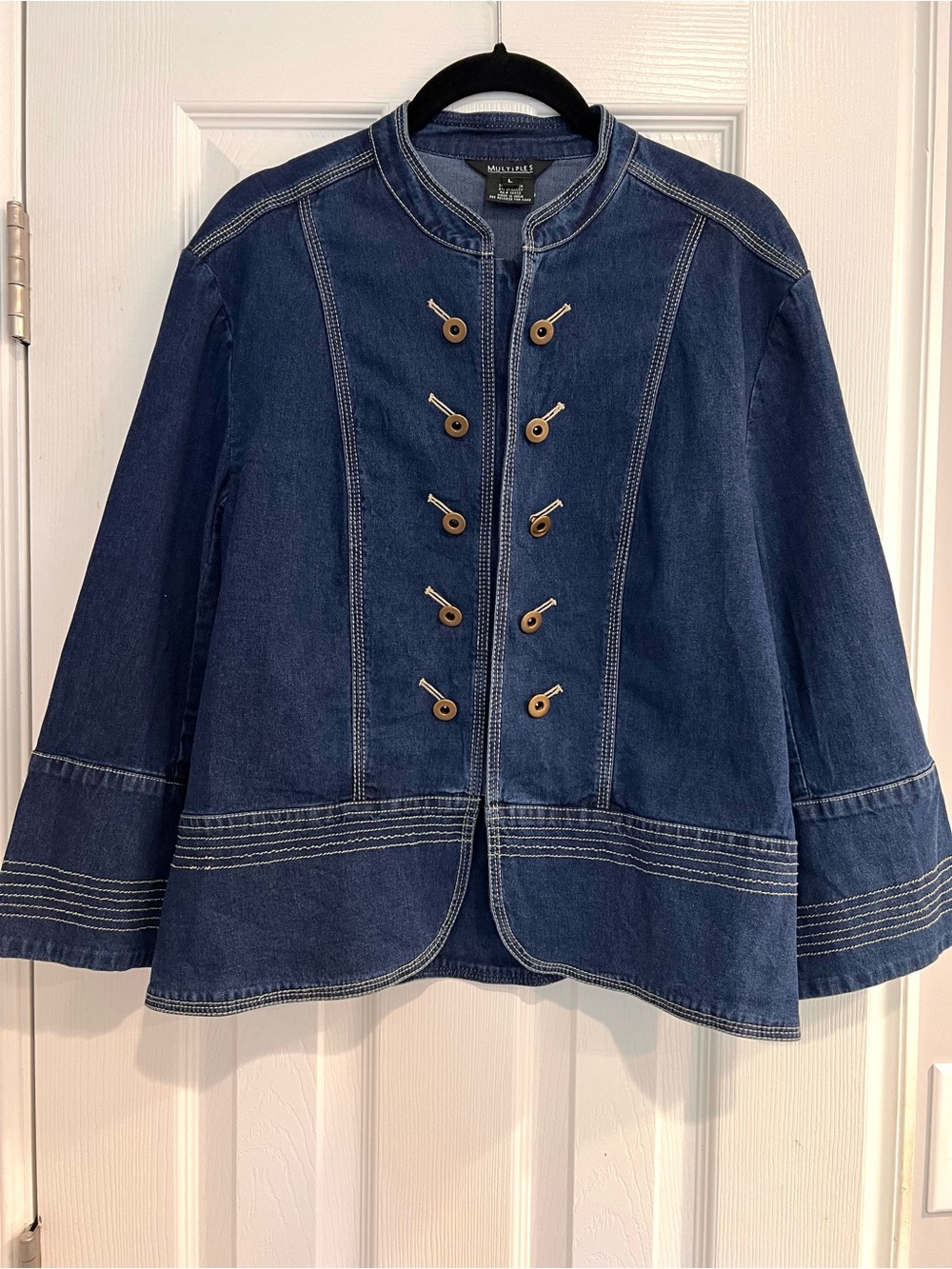 Multiples Dark Blue Denim Jean Asian Inspired Military Mandarin Collar Jacket L